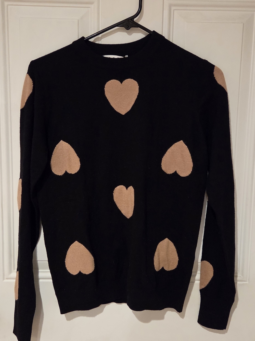 THML Black Crewneck Sweater with Tan Heart Motifs Size XS